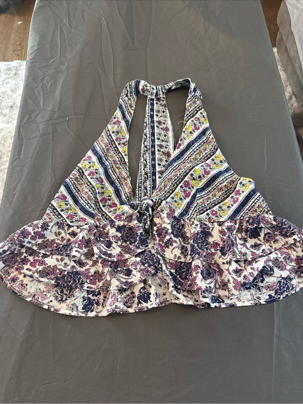 Free People Love Charm Embroidered Crop Tank Blouse Indigo Floral Tie Front Sm